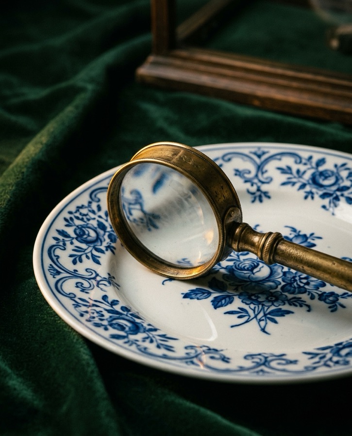 A brass magnifying glass resting on a blue-and-white transferware plate on green velvet.