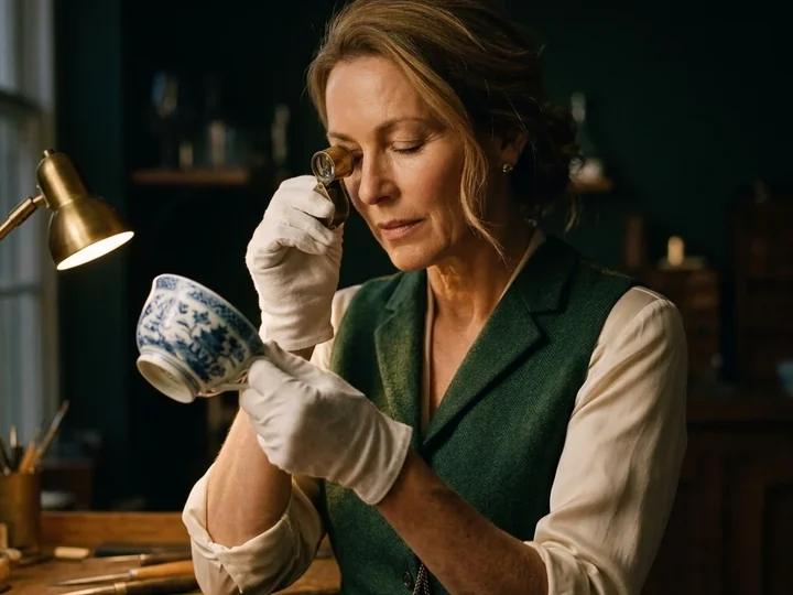Trove’s appraiser studying the glaze of a blue-and-white teacup through a jeweller’s loupe.
