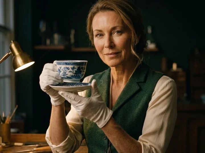 Trove’s appraiser holding the finished cup and saucer up to the lamp, pleased with the verdict.