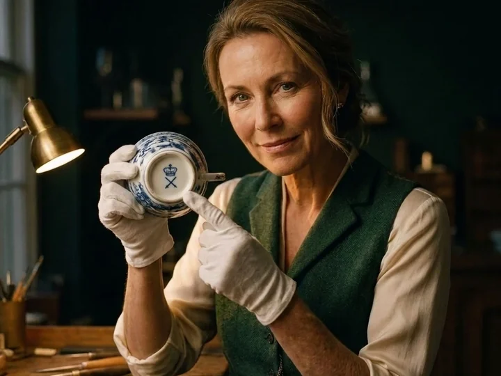 Trove’s appraiser holding a teacup upside down, a gloved finger on the crowned backstamp.