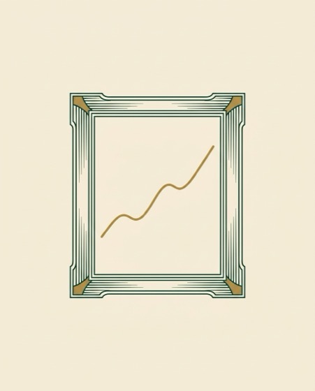 Engraving of a gilt picture frame containing a rising value line.