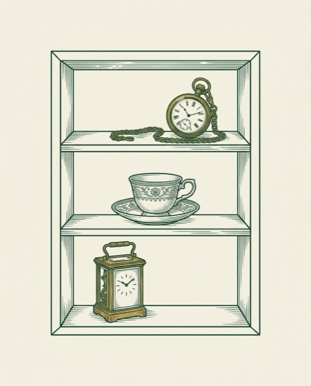 Engraving of a collector examining objects on a shelf.