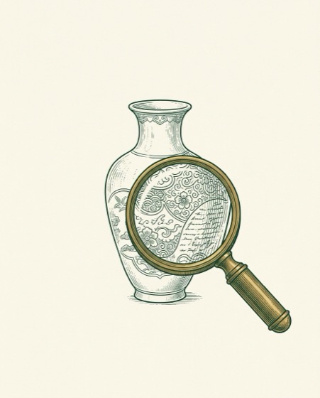 Engraving of a decorated vase examined through a magnifying glass.